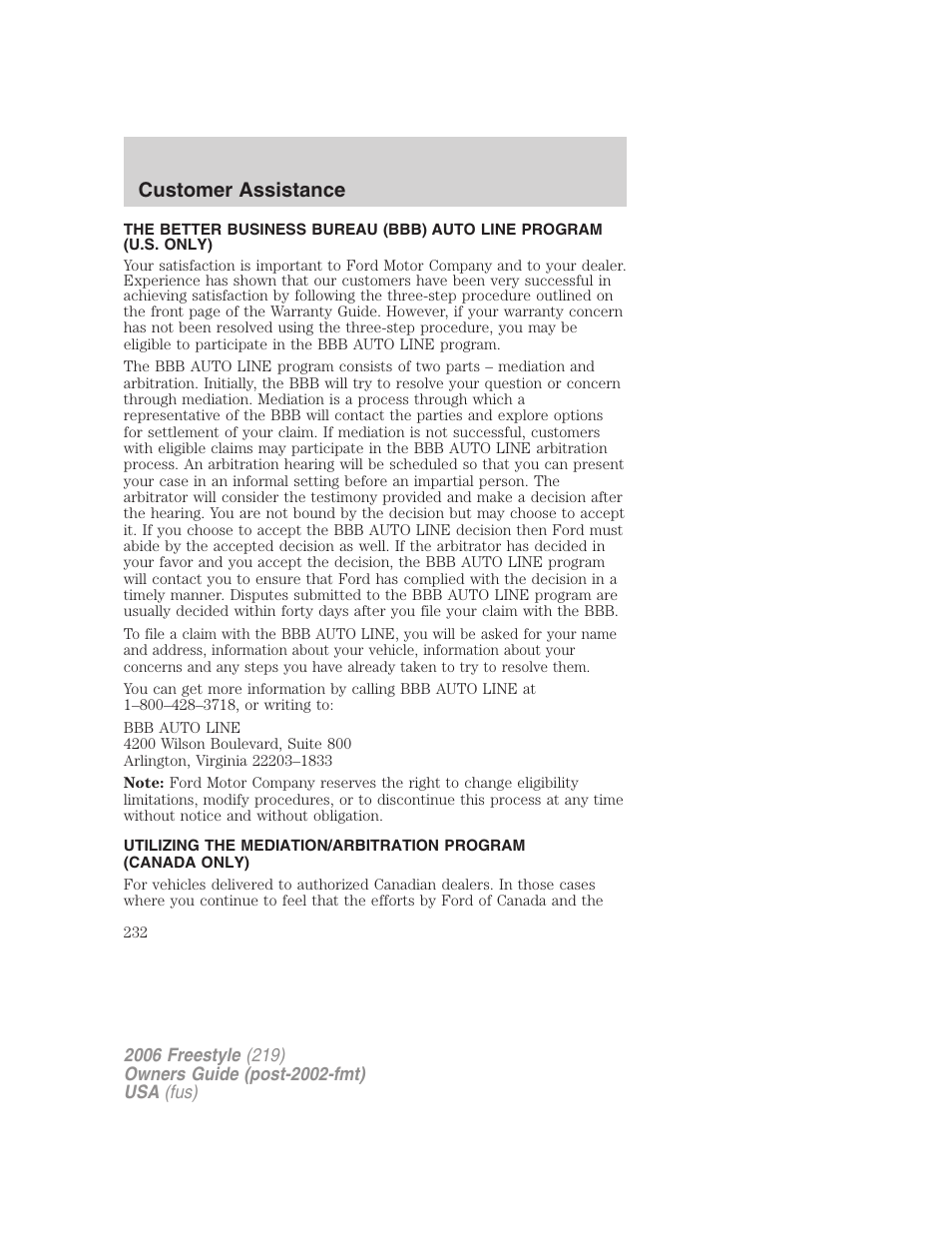 Customer assistance | FORD 2006 Freestyle v.1 User Manual | Page 232 / 288