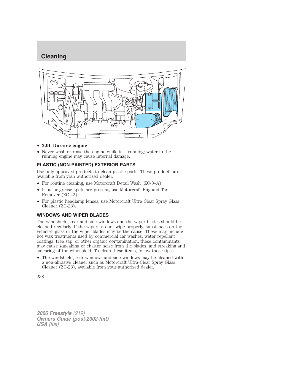 Plastic (non-painted) exterior parts, Windows and wiper blades, Cleaning | FORD 2006 Freestyle v.1 User Manual | Page 238 / 288