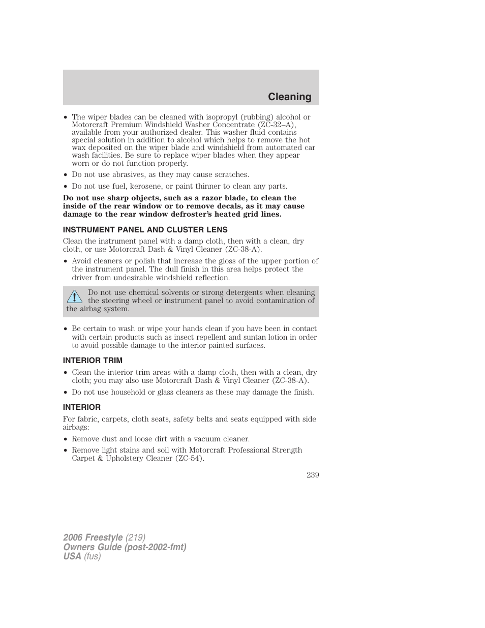 Instrument panel and cluster lens, Interior trim, Interior | Cleaning | FORD 2006 Freestyle v.1 User Manual | Page 239 / 288