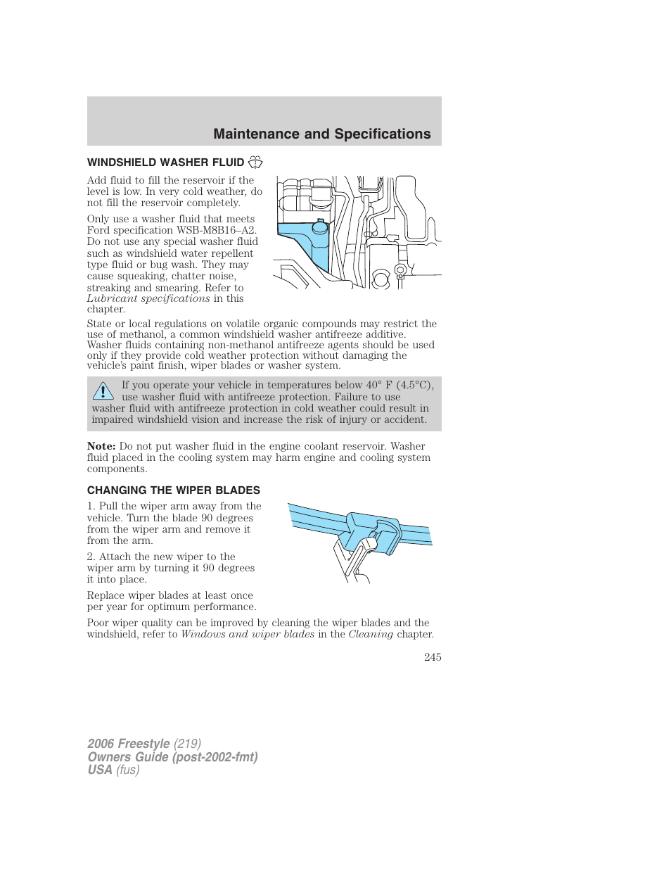 Windshield washer fluid, Changing the wiper blades, Maintenance and specifications | FORD 2006 Freestyle v.1 User Manual | Page 245 / 288