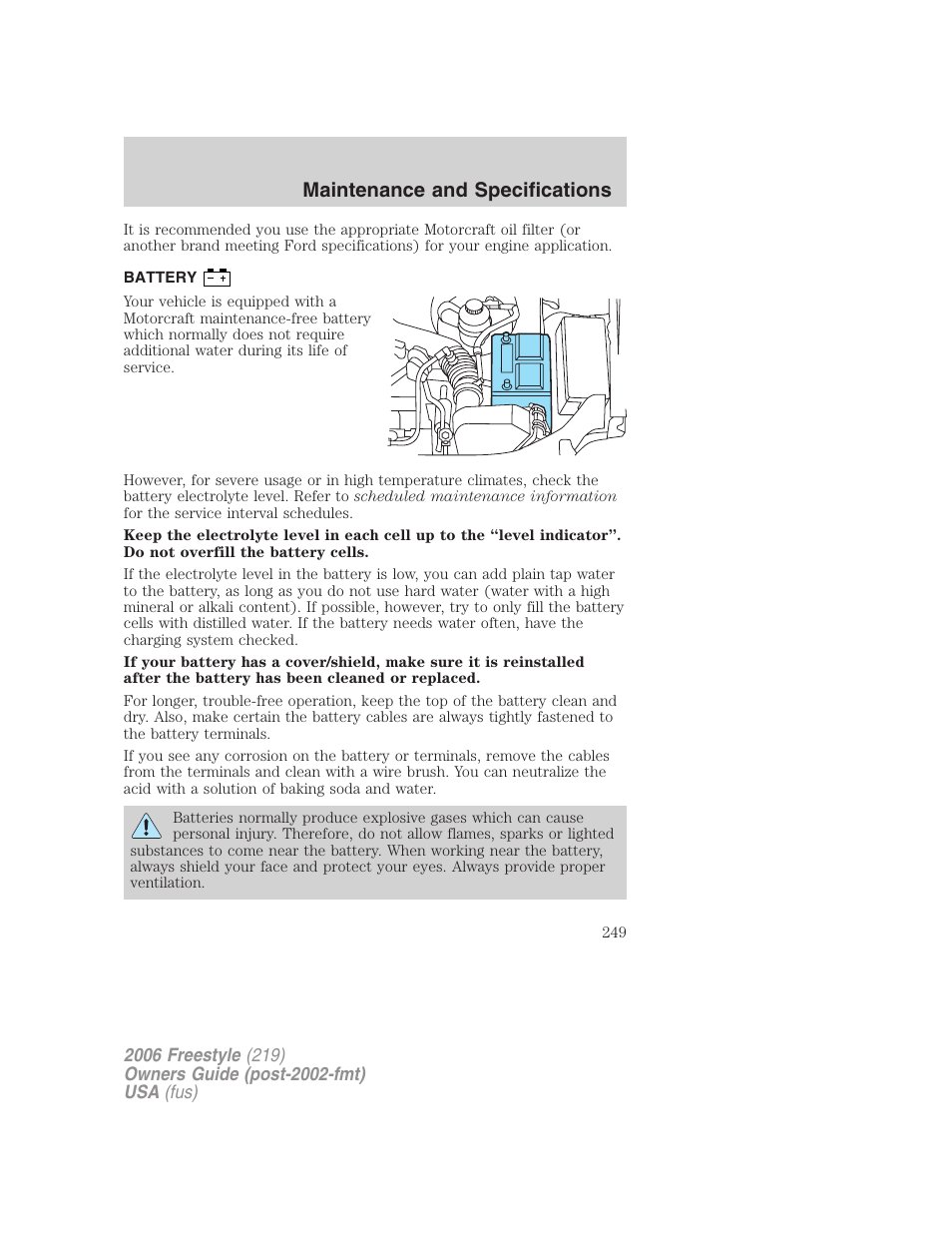 Battery, Maintenance and specifications | FORD 2006 Freestyle v.1 User Manual | Page 249 / 288