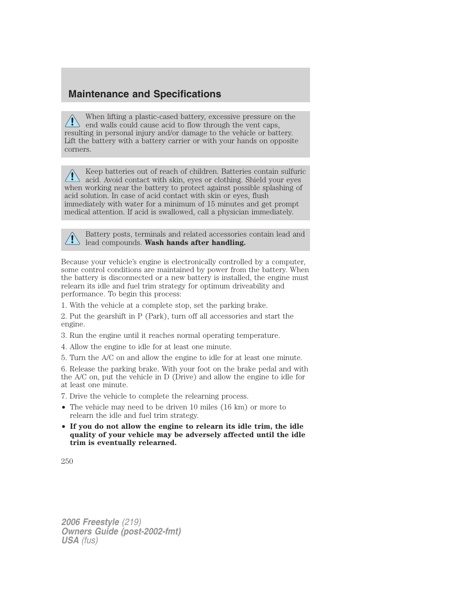 Maintenance and specifications | FORD 2006 Freestyle v.1 User Manual | Page 250 / 288