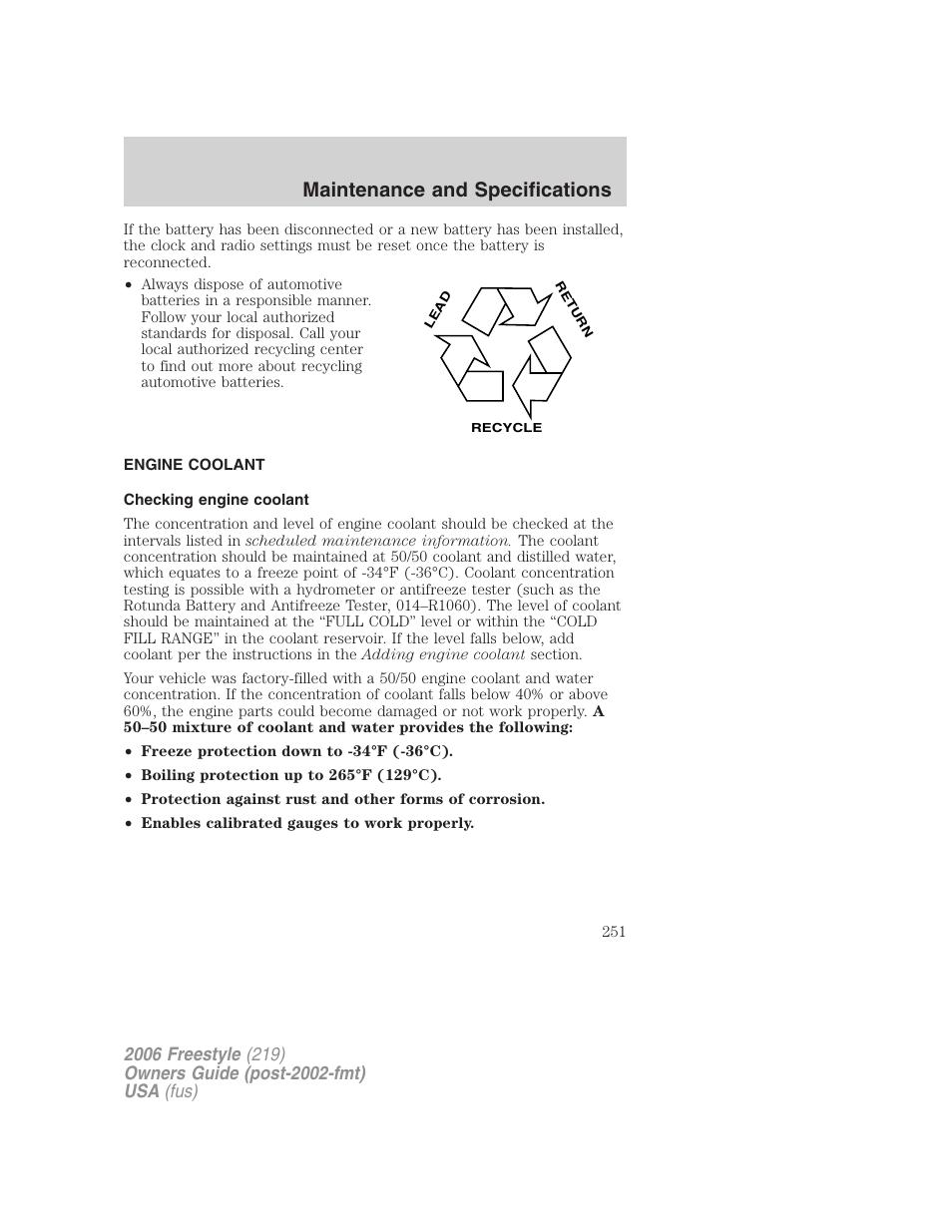 Engine coolant, Checking engine coolant, Maintenance and specifications | FORD 2006 Freestyle v.1 User Manual | Page 251 / 288