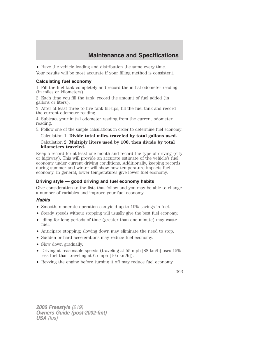 Calculating fuel economy, Habits, Maintenance and specifications | FORD 2006 Freestyle v.1 User Manual | Page 263 / 288
