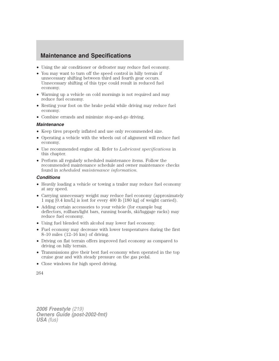 Maintenance, Conditions, Maintenance and specifications | FORD 2006 Freestyle v.1 User Manual | Page 264 / 288