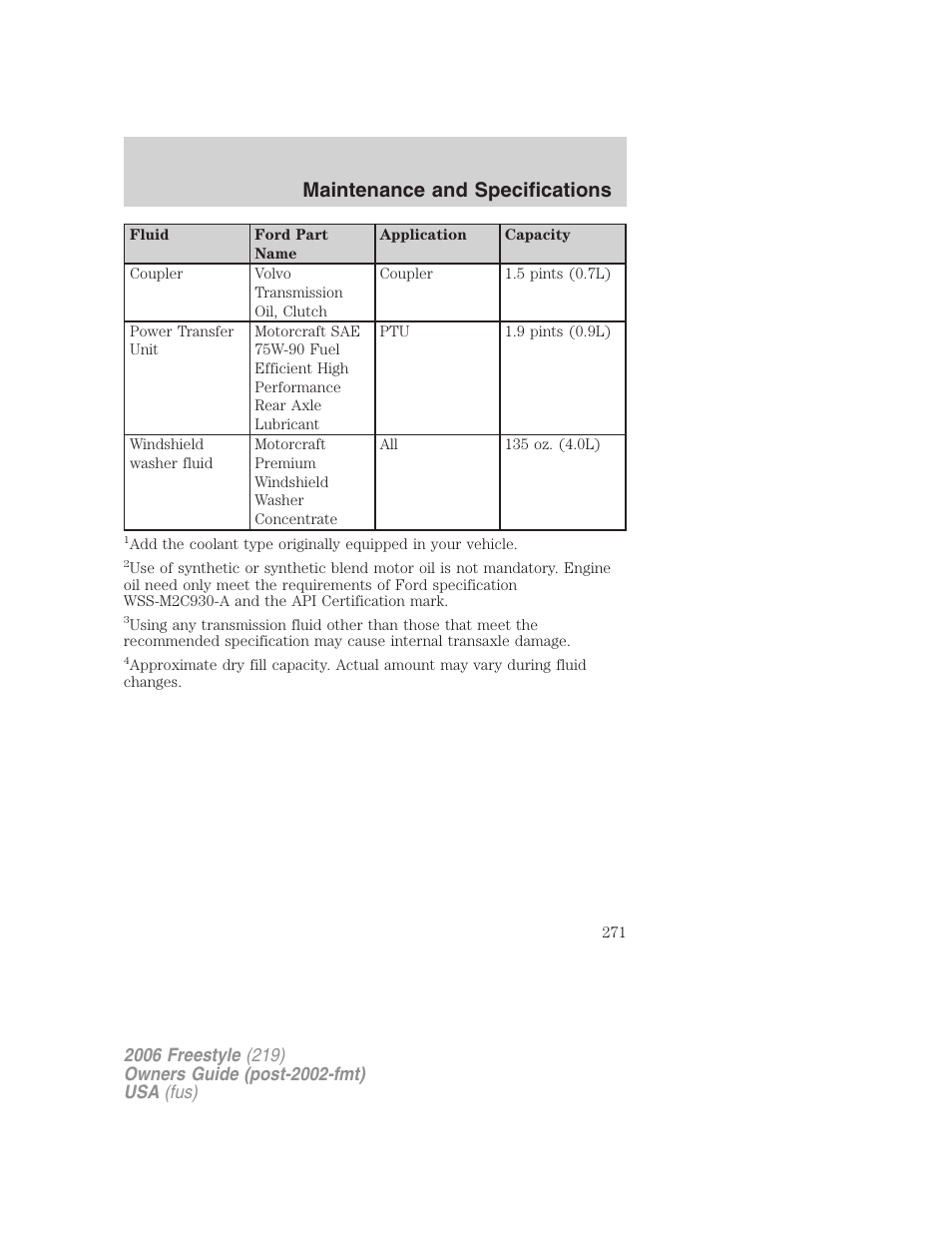 Maintenance and specifications | FORD 2006 Freestyle v.1 User Manual | Page 271 / 288