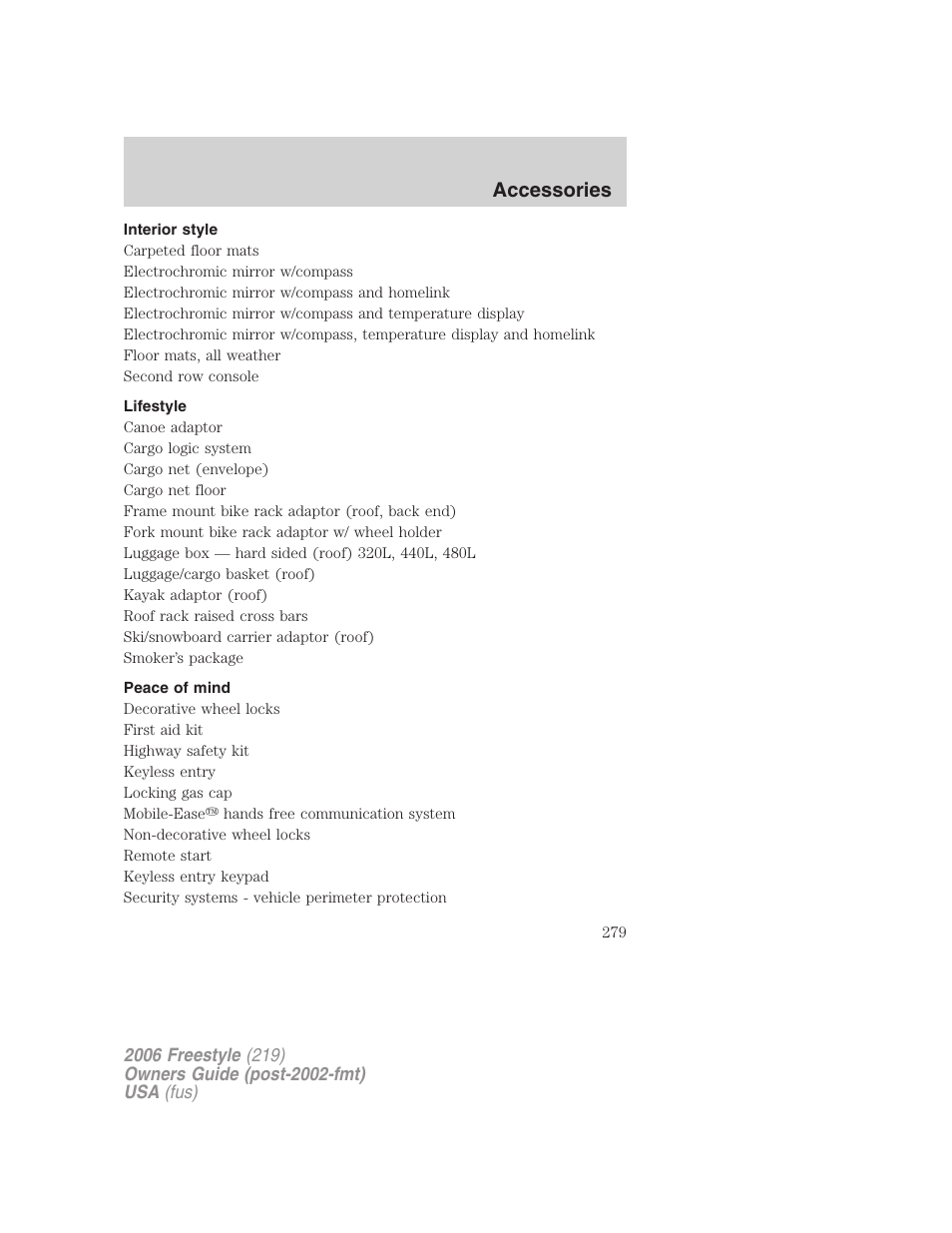 Interior style, Lifestyle, Peace of mind | Accessories | FORD 2006 Freestyle v.1 User Manual | Page 279 / 288