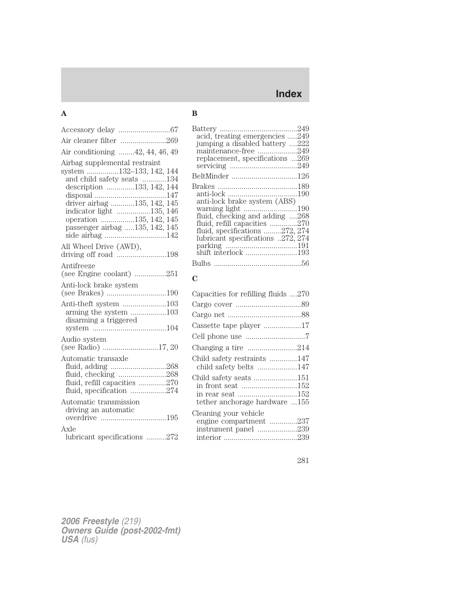 Index | FORD 2006 Freestyle v.1 User Manual | Page 281 / 288