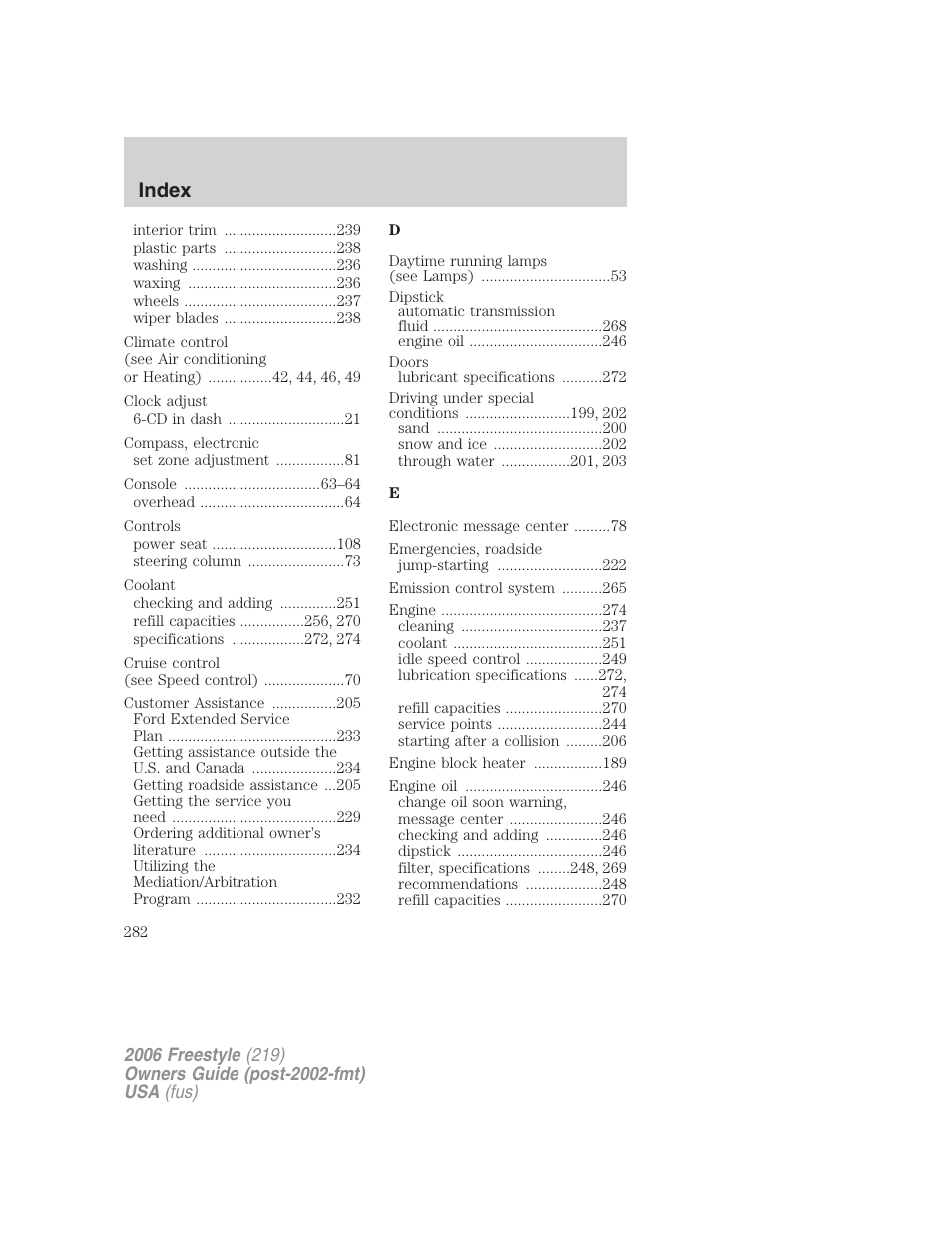 Index | FORD 2006 Freestyle v.1 User Manual | Page 282 / 288
