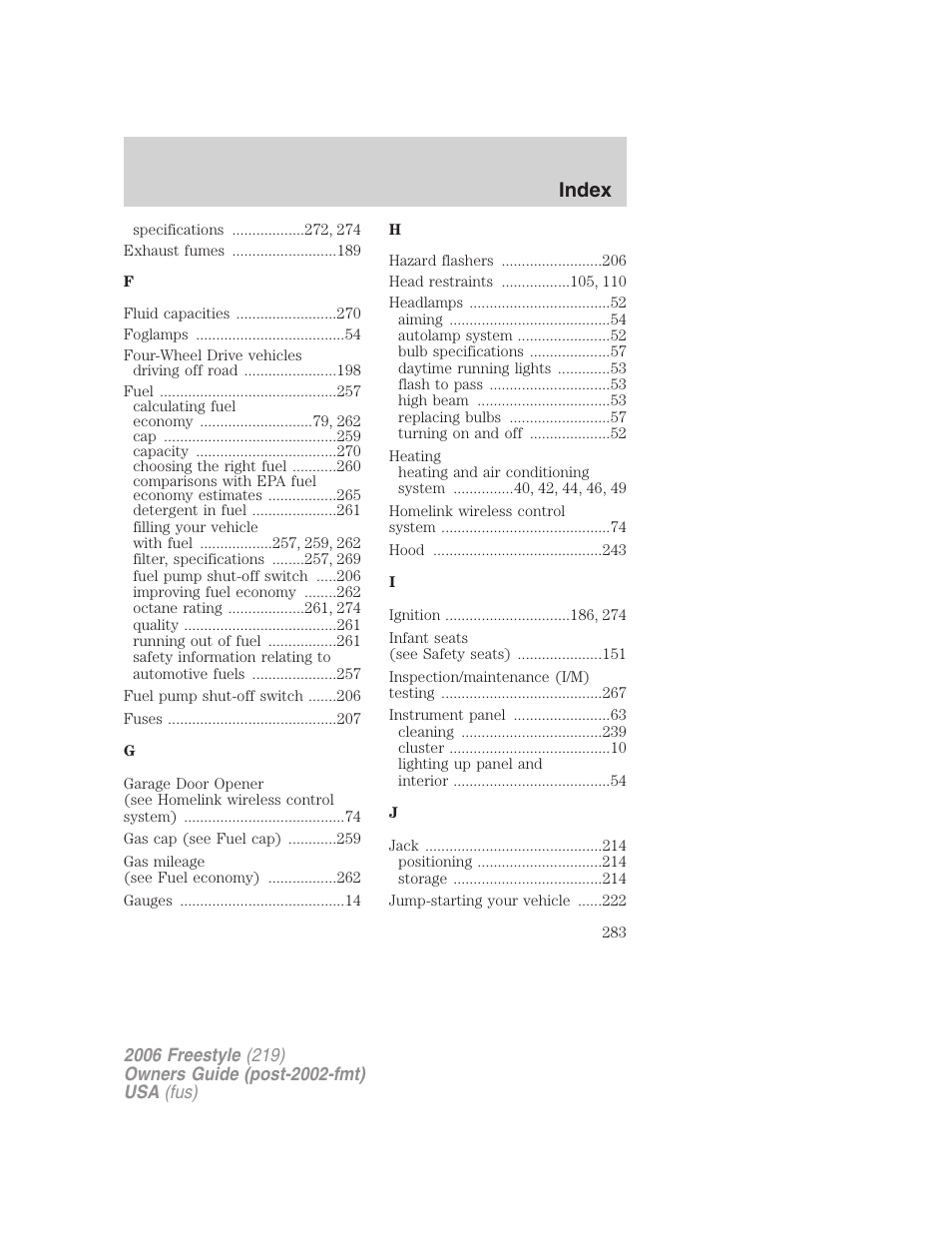 Index | FORD 2006 Freestyle v.1 User Manual | Page 283 / 288