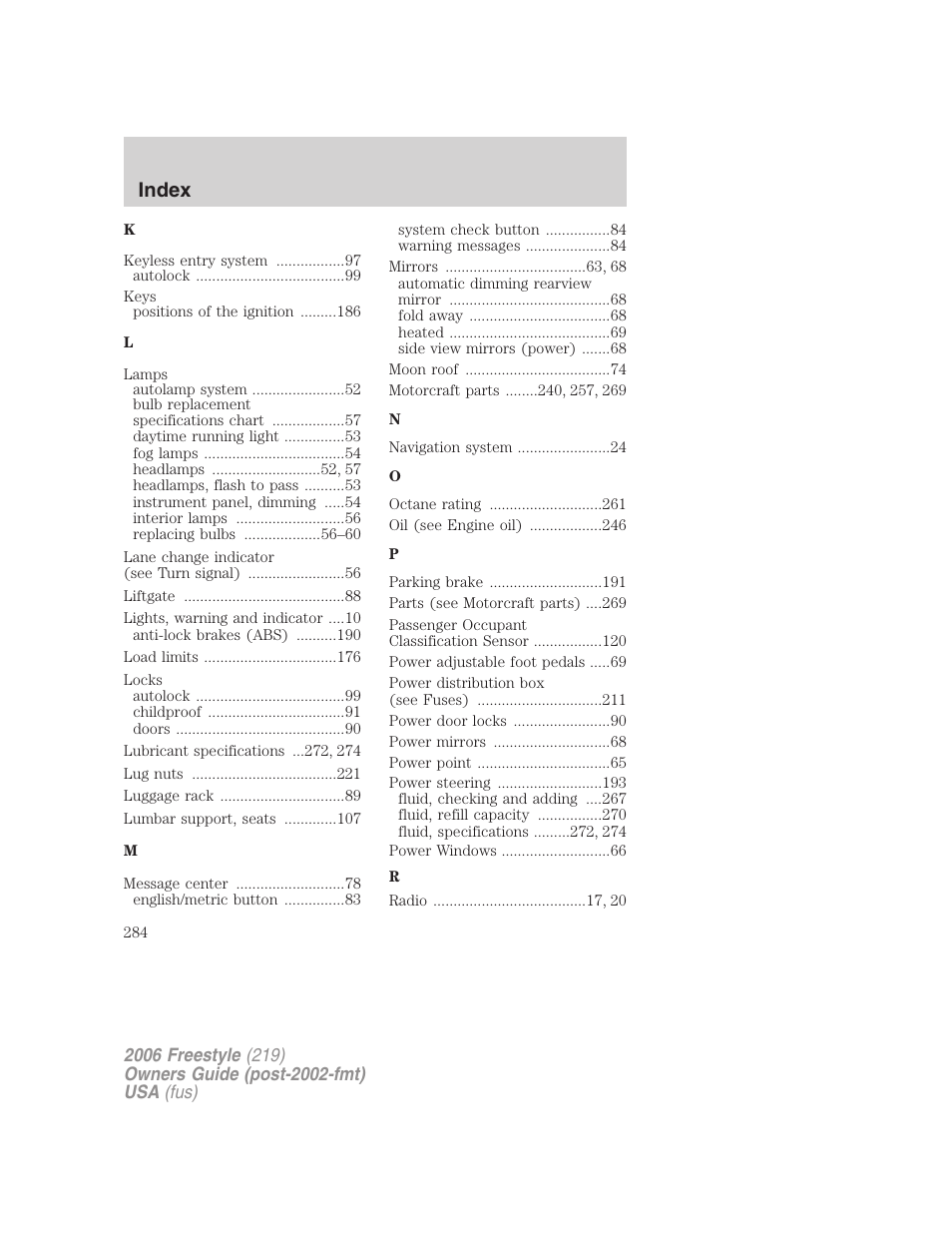 Index | FORD 2006 Freestyle v.1 User Manual | Page 284 / 288