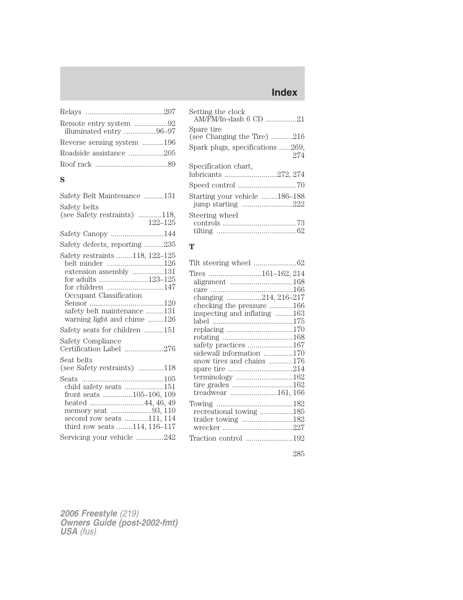 Index | FORD 2006 Freestyle v.1 User Manual | Page 285 / 288