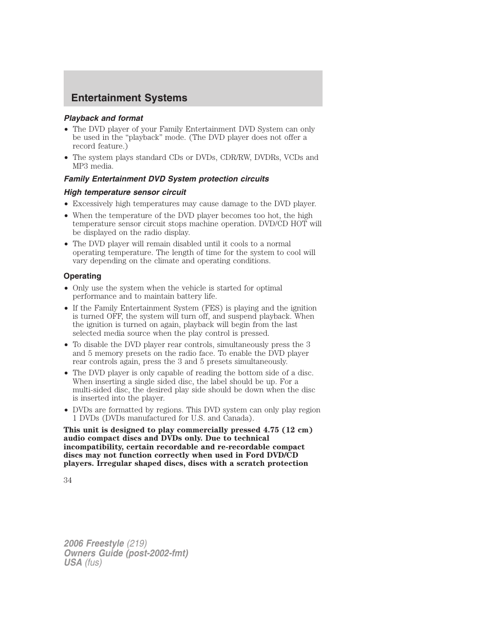 Playback and format, High temperature sensor circuit, Operating | Entertainment systems | FORD 2006 Freestyle v.1 User Manual | Page 34 / 288