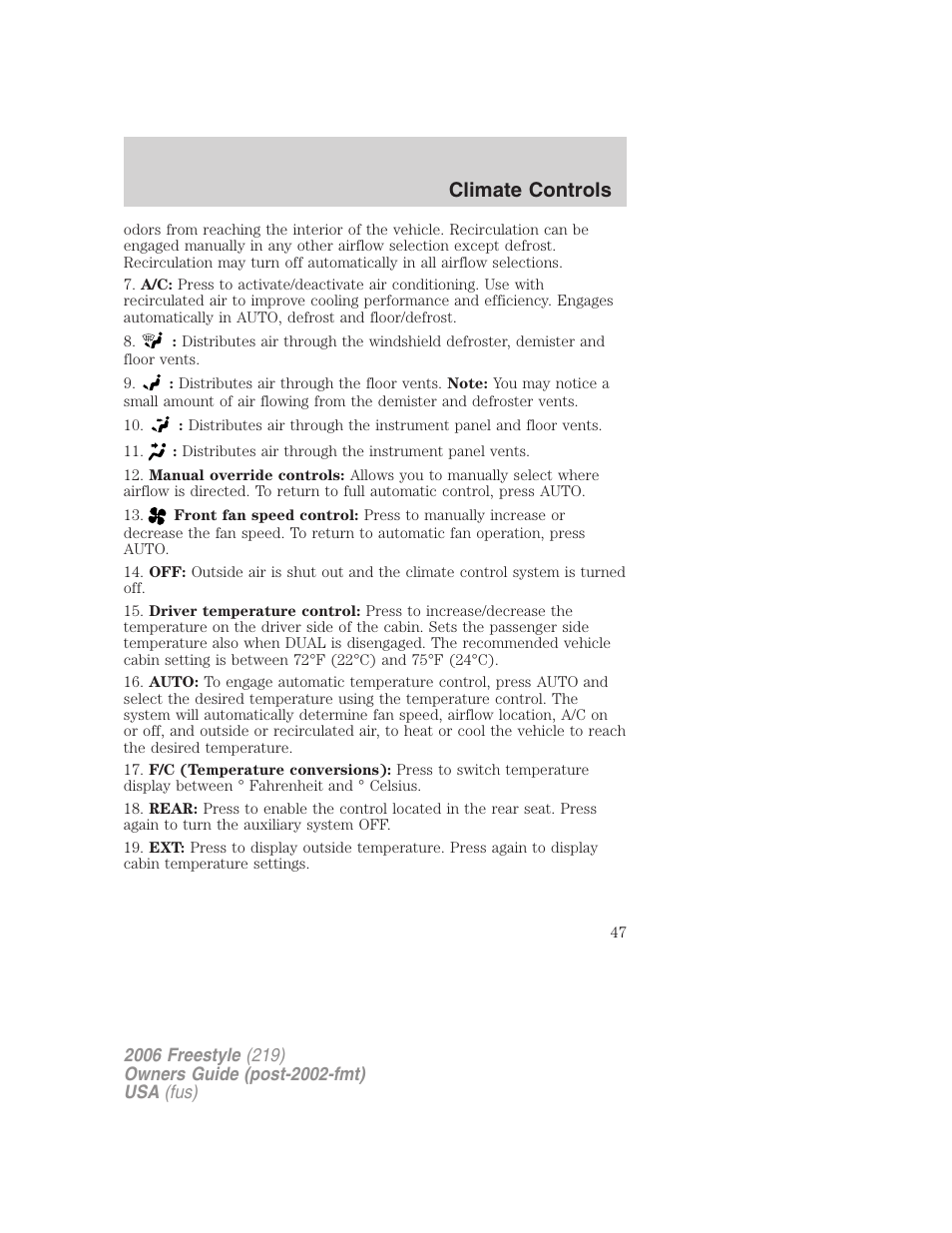 Climate controls | FORD 2006 Freestyle v.1 User Manual | Page 47 / 288
