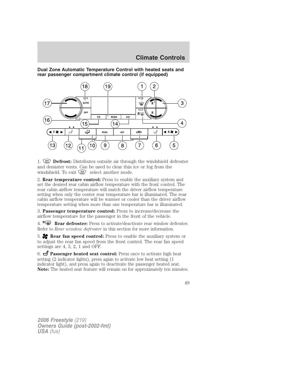 Climate controls | FORD 2006 Freestyle v.1 User Manual | Page 49 / 288