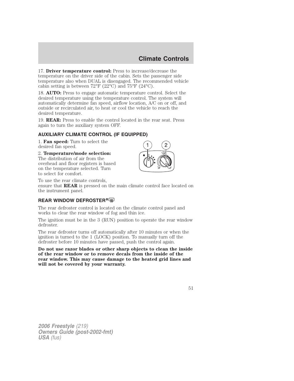 Auxiliary climate control (if equipped), Rear window defroster, Climate controls | FORD 2006 Freestyle v.1 User Manual | Page 51 / 288