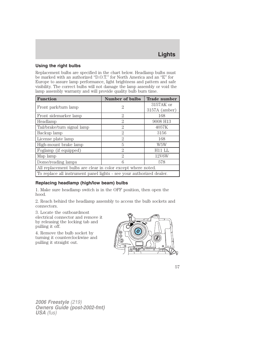 Using the right bulbs, Replacing headlamp (high/low beam) bulbs, Lights | FORD 2006 Freestyle v.1 User Manual | Page 57 / 288