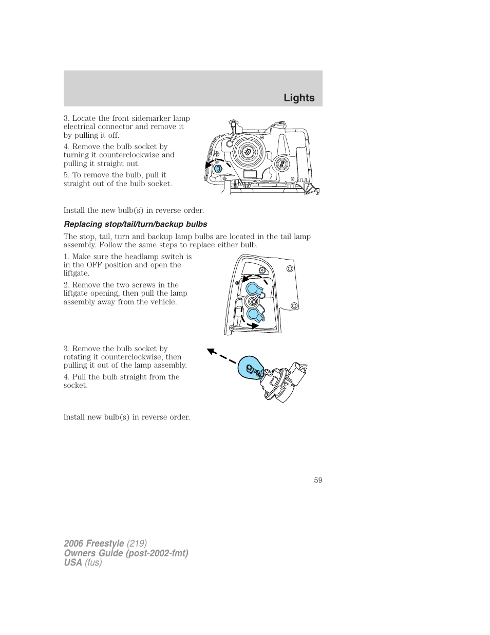 Replacing stop/tail/turn/backup bulbs, Lights | FORD 2006 Freestyle v.1 User Manual | Page 59 / 288