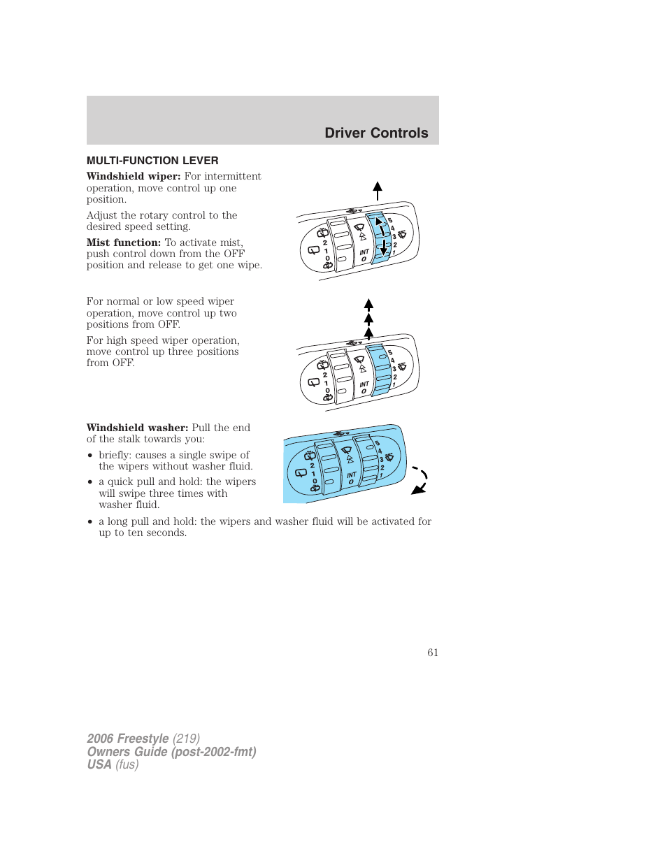 Driver controls, Multi-function lever, Windshield wiper/washer control | FORD 2006 Freestyle v.1 User Manual | Page 61 / 288