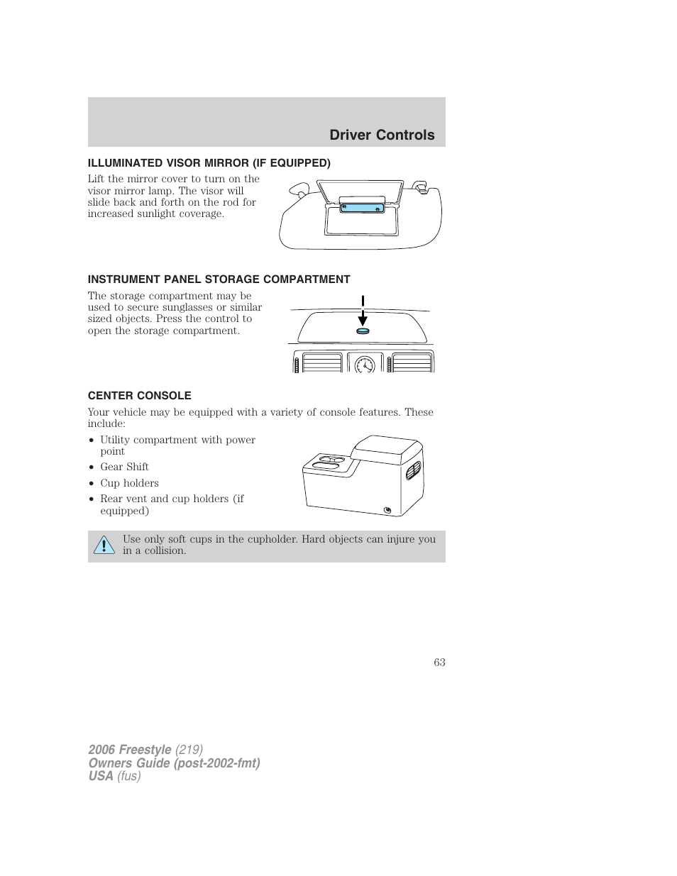 Illuminated visor mirror (if equipped), Instrument panel storage compartment, Center console | Driver controls | FORD 2006 Freestyle v.1 User Manual | Page 63 / 288
