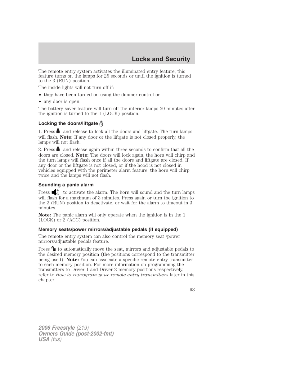 Locking the doors/liftgate, Sounding a panic alarm, Locks and security | FORD 2006 Freestyle v.1 User Manual | Page 93 / 288