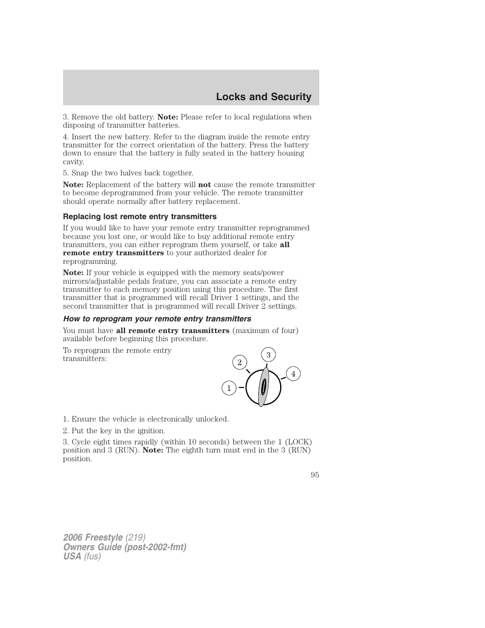 Replacing lost remote entry transmitters, How to reprogram your remote entry transmitters, Locks and security | FORD 2006 Freestyle v.1 User Manual | Page 95 / 288