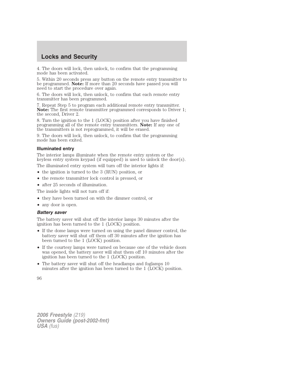 Illuminated entry, Battery saver, Locks and security | FORD 2006 Freestyle v.1 User Manual | Page 96 / 288