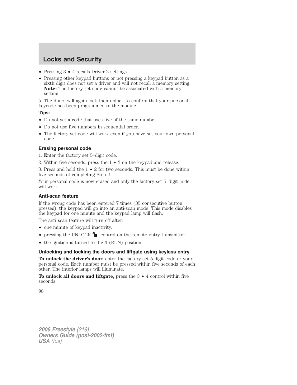 Erasing personal code, Anti-scan feature, Locks and security | FORD 2006 Freestyle v.1 User Manual | Page 98 / 288