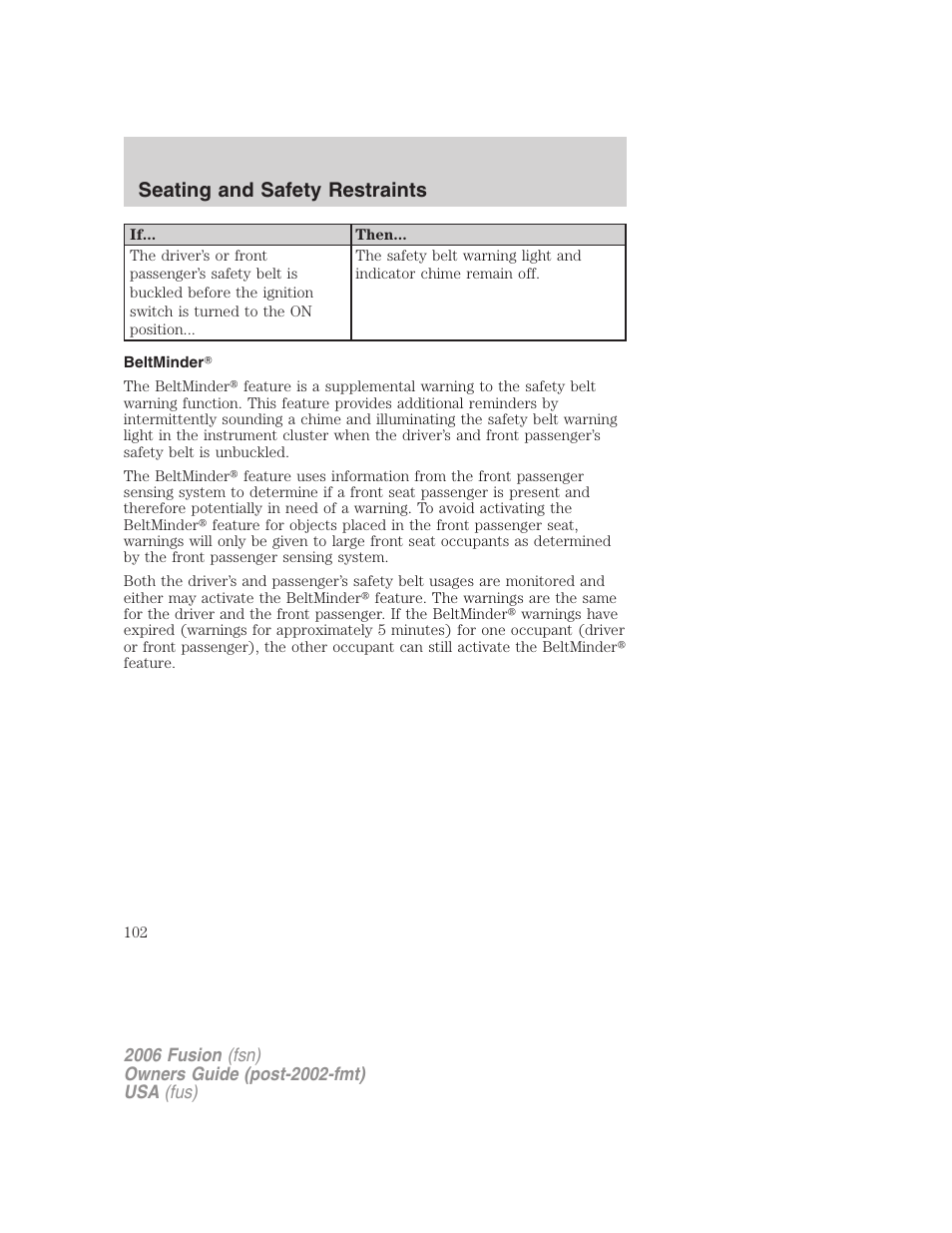 Beltminder, Seating and safety restraints | FORD 2006 Fusion v.1 User Manual | Page 102 / 264