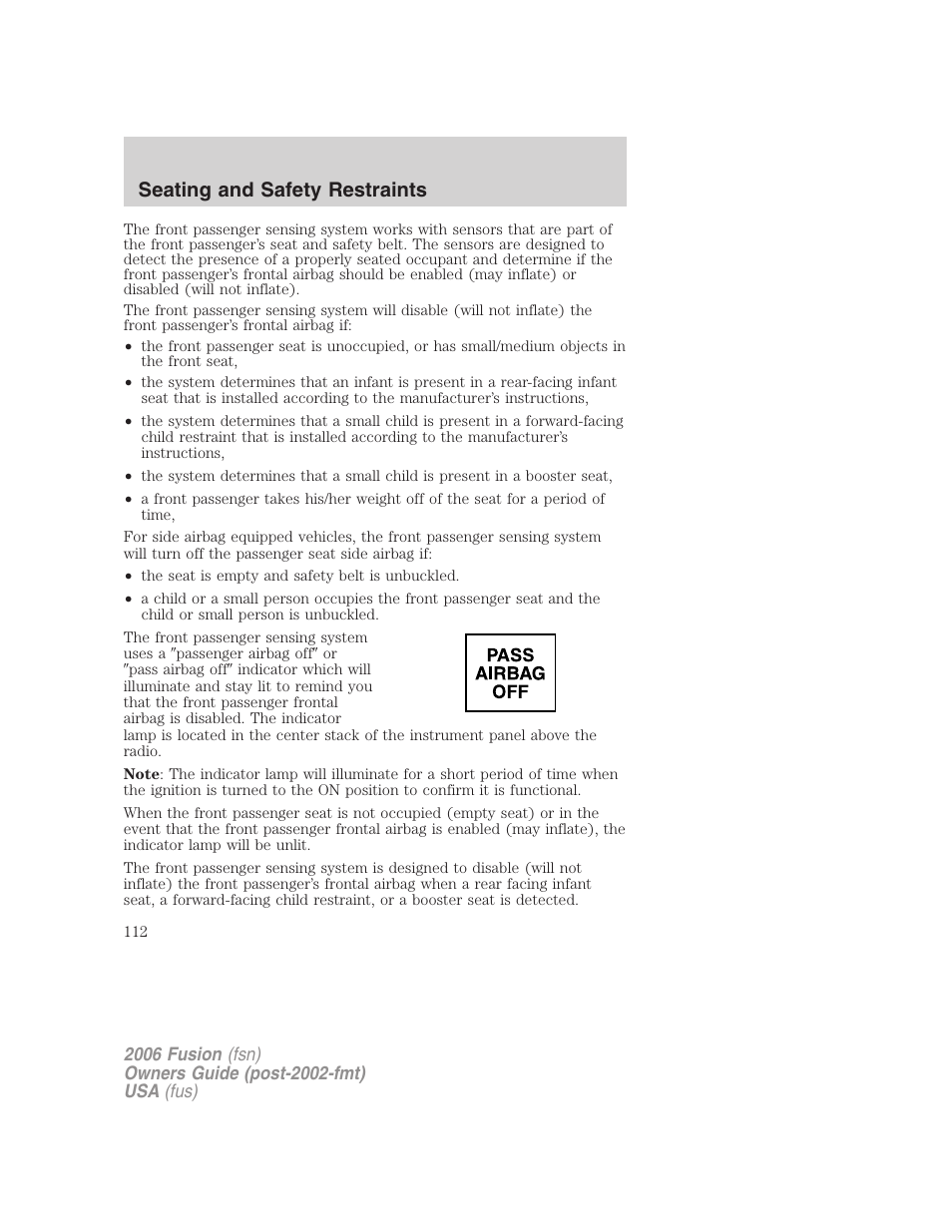 Seating and safety restraints | FORD 2006 Fusion v.1 User Manual | Page 112 / 264
