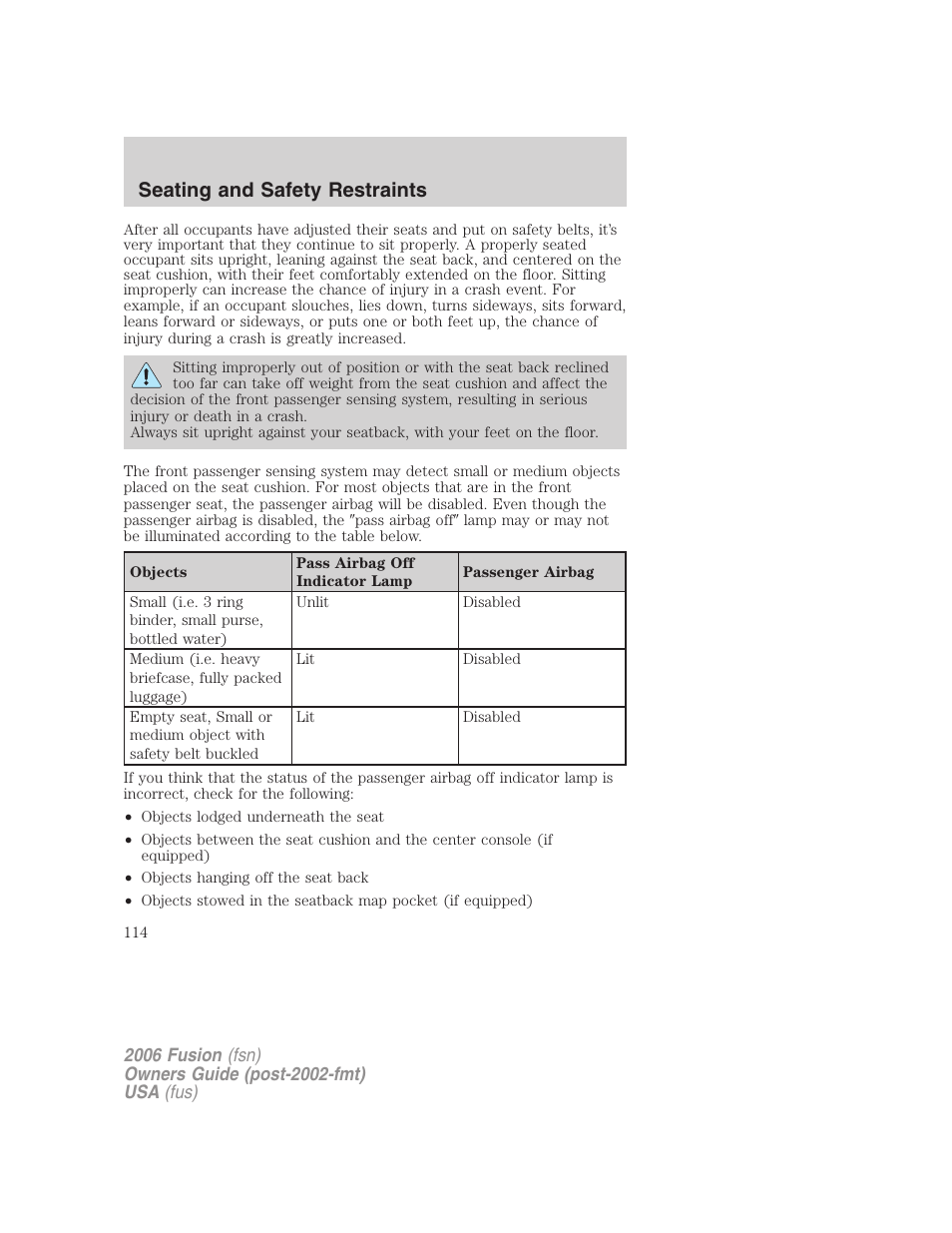 Seating and safety restraints | FORD 2006 Fusion v.1 User Manual | Page 114 / 264