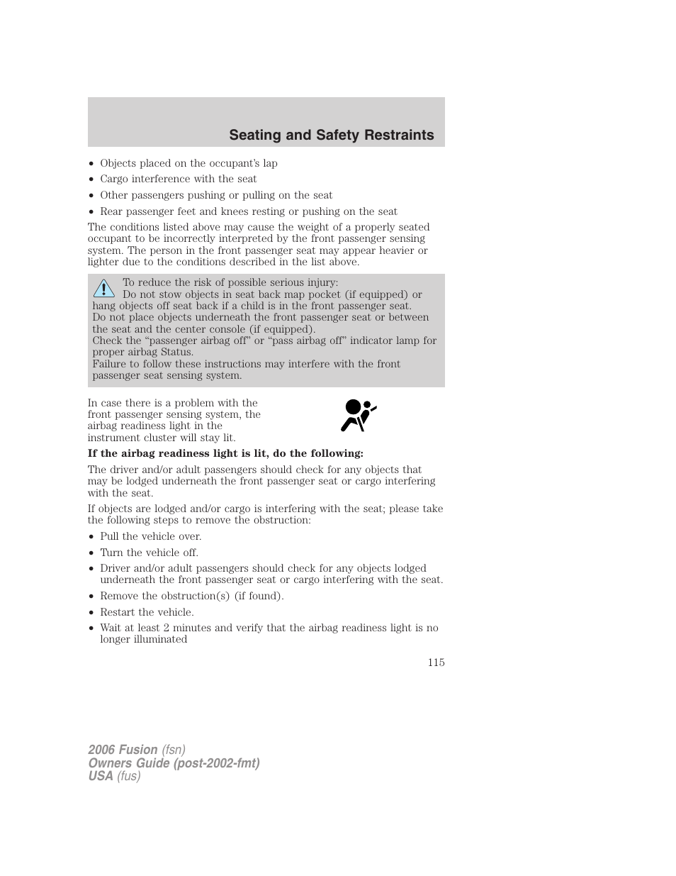 Seating and safety restraints | FORD 2006 Fusion v.1 User Manual | Page 115 / 264