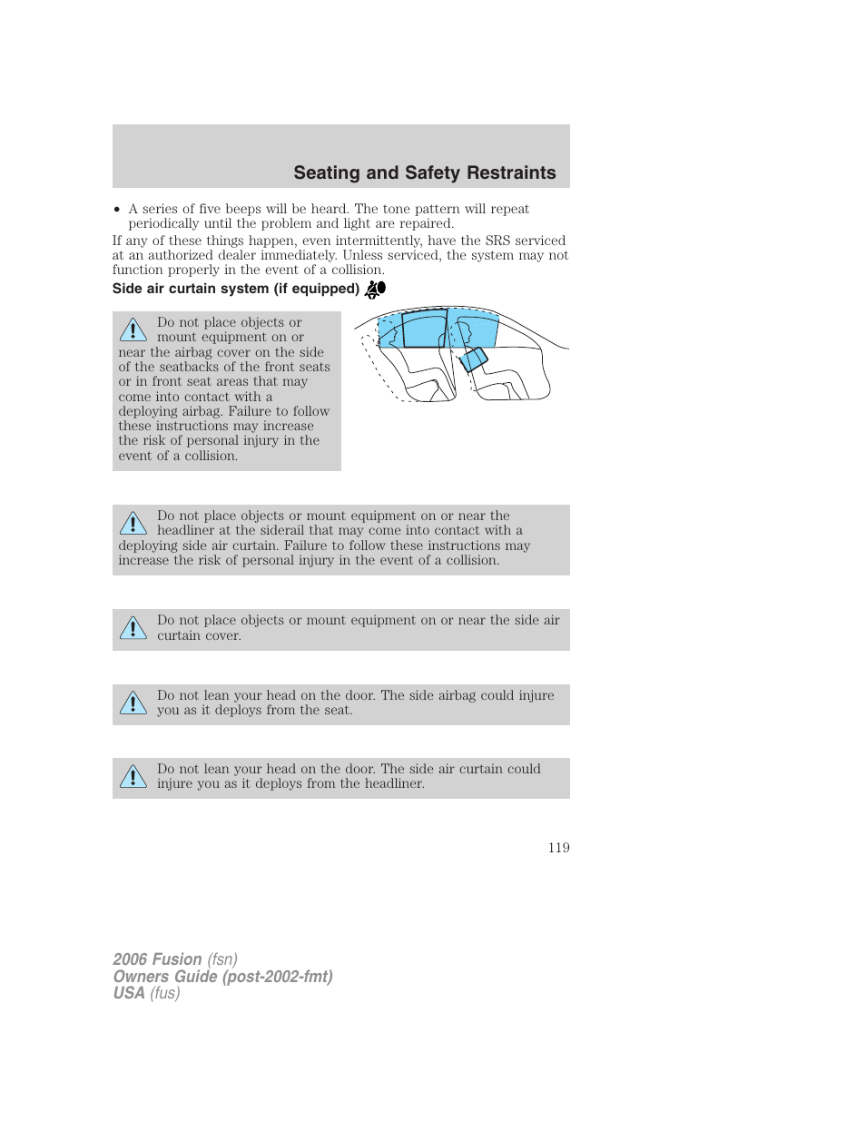 Side air curtain system (if equipped), Seating and safety restraints | FORD 2006 Fusion v.1 User Manual | Page 119 / 264