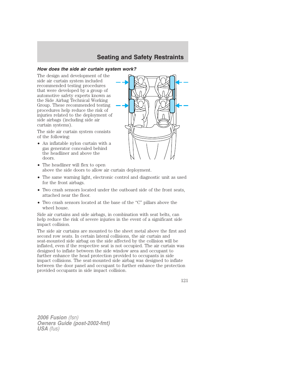 How does the side air curtain system work, Seating and safety restraints | FORD 2006 Fusion v.1 User Manual | Page 121 / 264