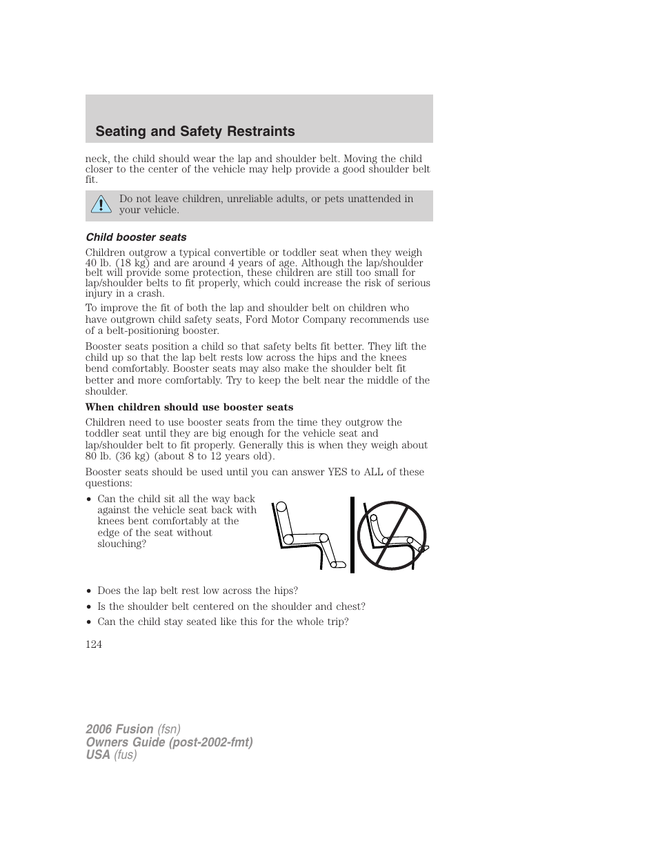 Child booster seats, Seating and safety restraints | FORD 2006 Fusion v.1 User Manual | Page 124 / 264