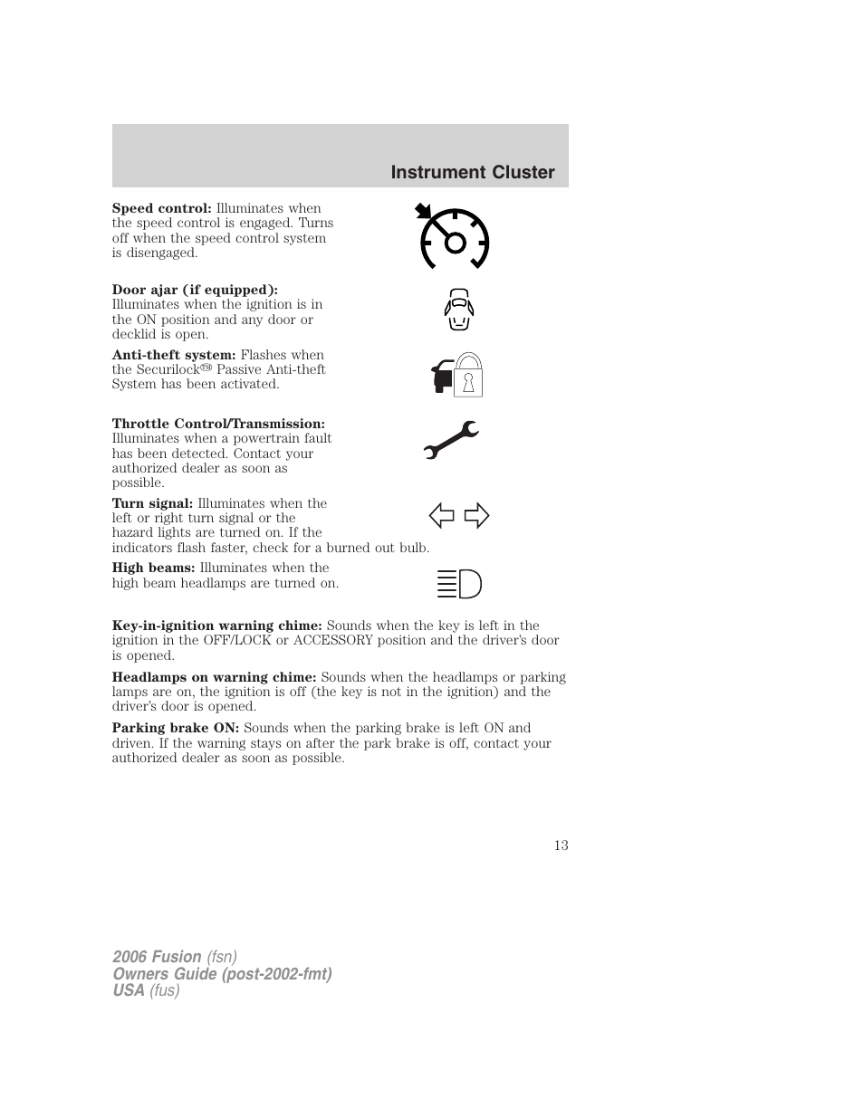 Instrument cluster | FORD 2006 Fusion v.1 User Manual | Page 13 / 264