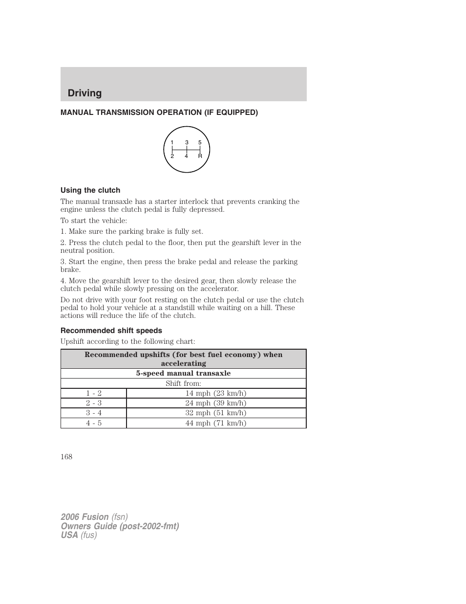 Manual transmission operation (if equipped), Using the clutch, Recommended shift speeds | Driving | FORD 2006 Fusion v.1 User Manual | Page 168 / 264