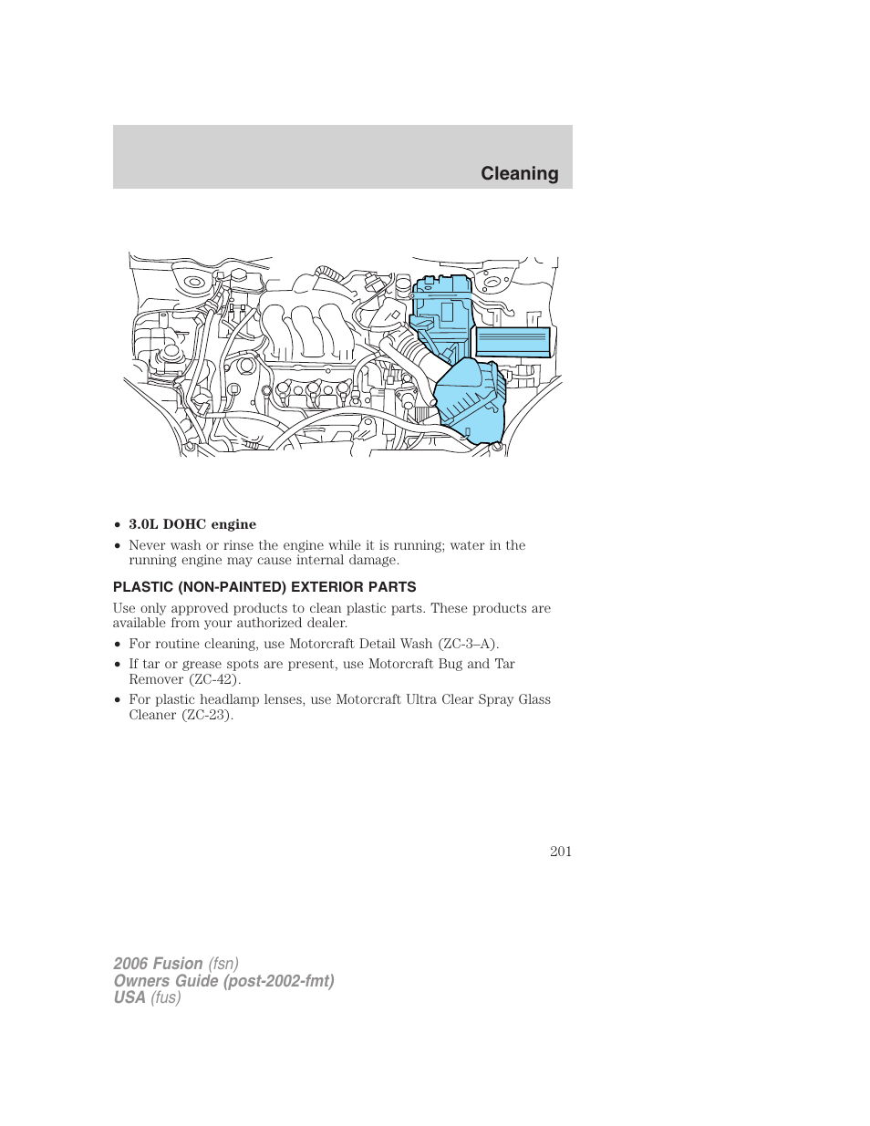 Plastic (non-painted) exterior parts, Cleaning | FORD 2006 Fusion v.1 User Manual | Page 201 / 264