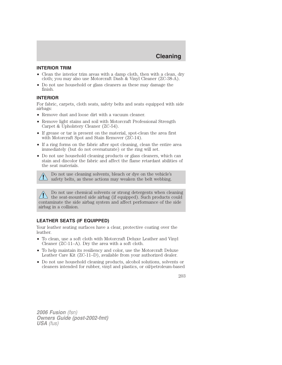 Interior trim, Interior, Leather seats (if equipped) | Cleaning | FORD 2006 Fusion v.1 User Manual | Page 203 / 264