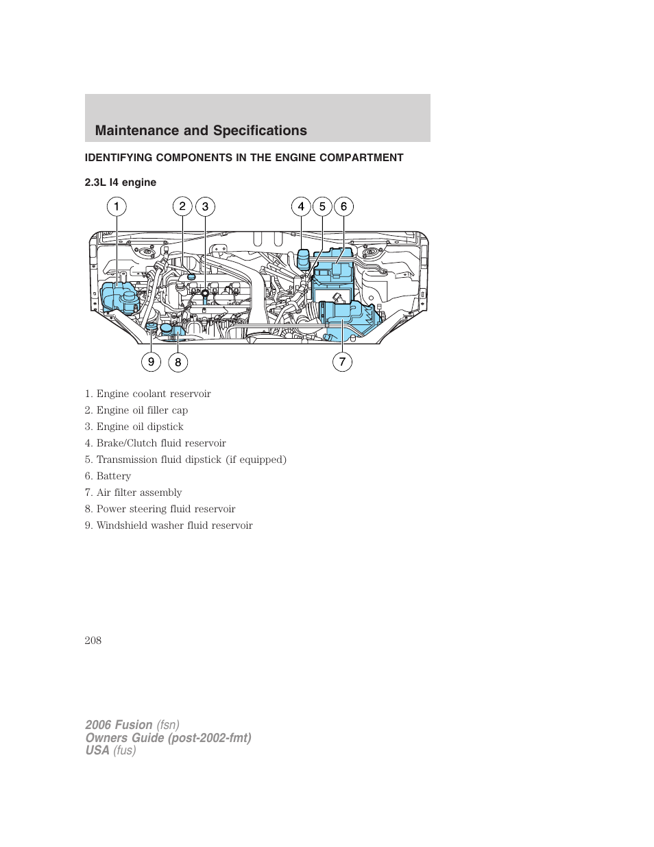 Identifying components in the engine compartment, 3l i4 engine, Engine compartment | Maintenance and specifications | FORD 2006 Fusion v.1 User Manual | Page 208 / 264