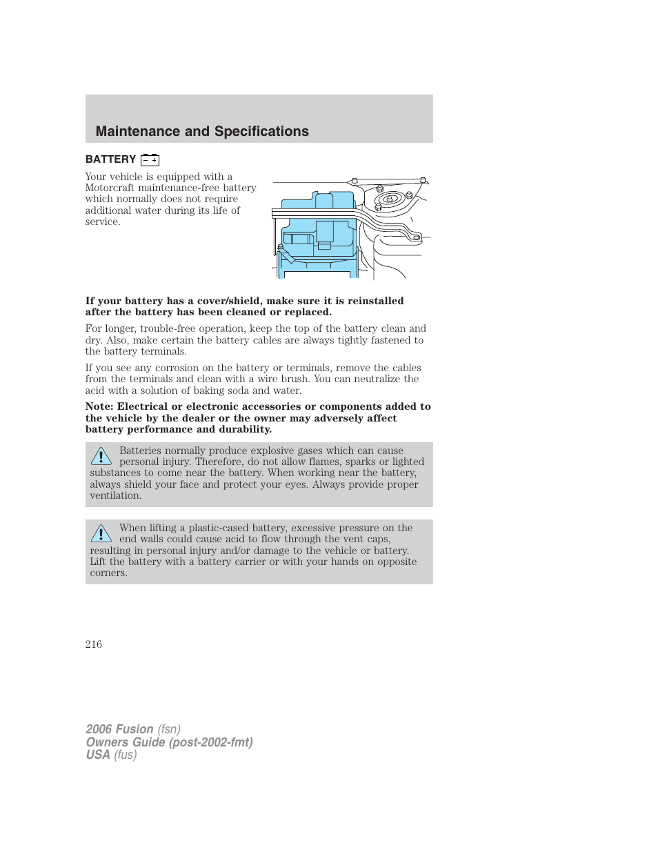 Battery, Maintenance and specifications | FORD 2006 Fusion v.1 User Manual | Page 216 / 264