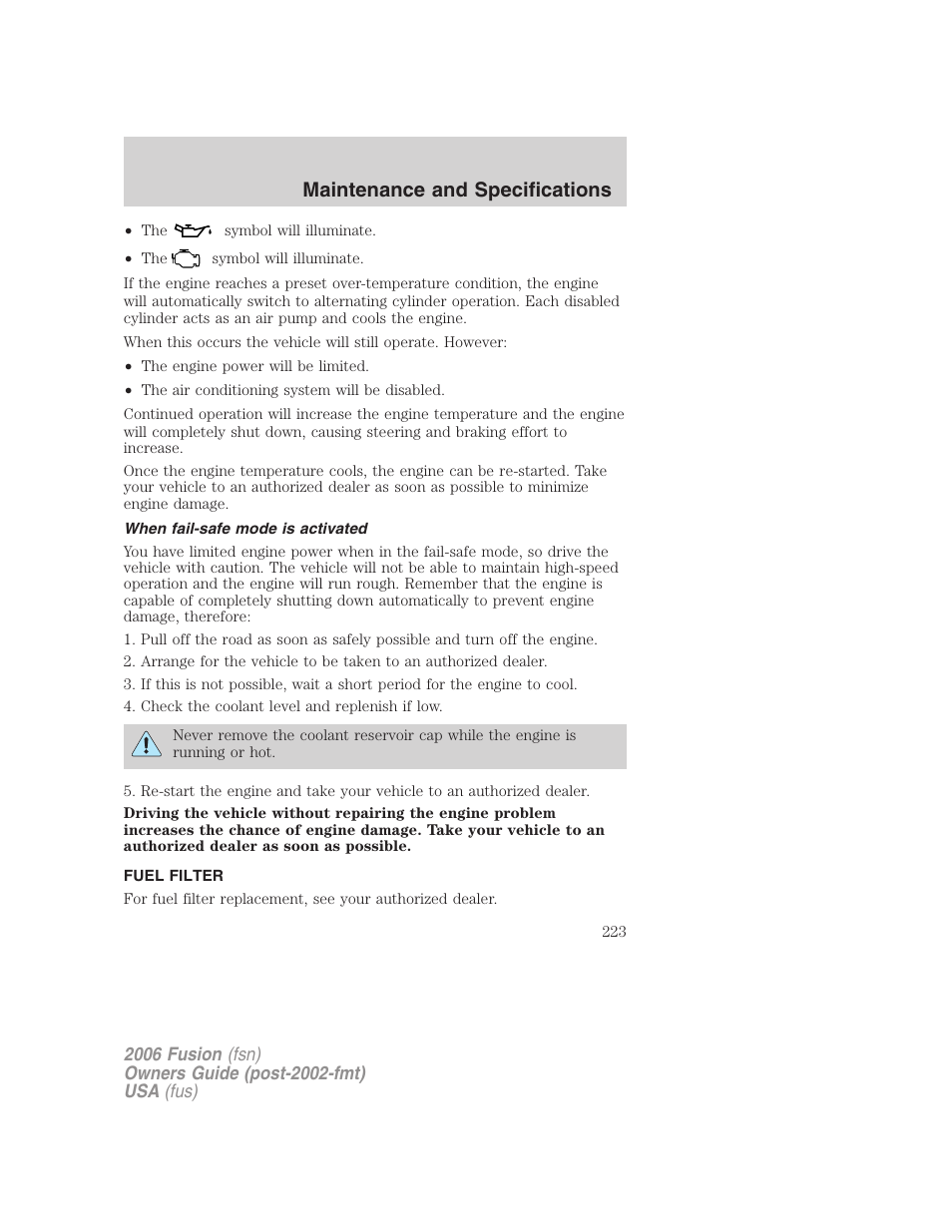 When fail-safe mode is activated, Fuel filter, Maintenance and specifications | FORD 2006 Fusion v.1 User Manual | Page 223 / 264
