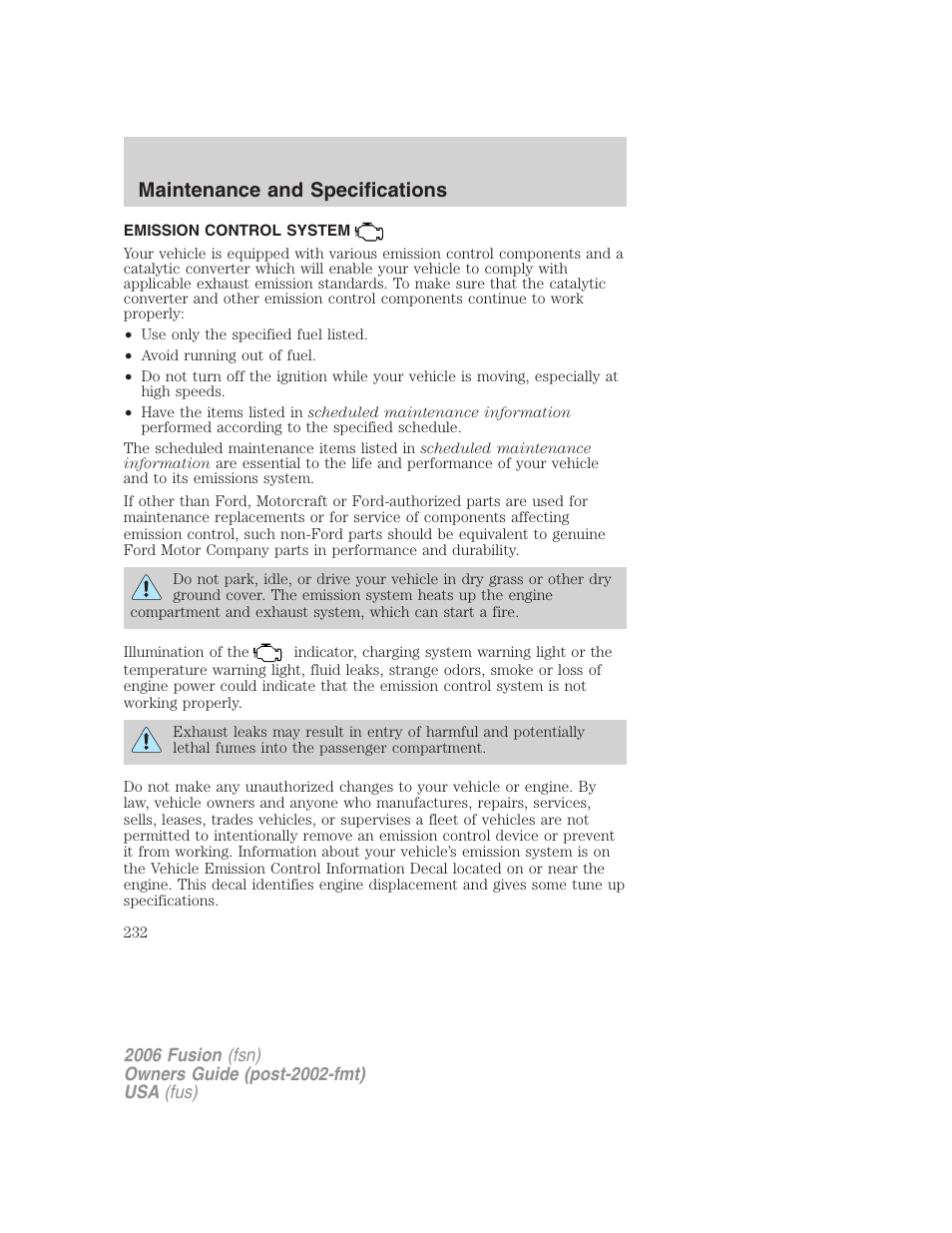 Emission control system, Maintenance and specifications | FORD 2006 Fusion v.1 User Manual | Page 232 / 264