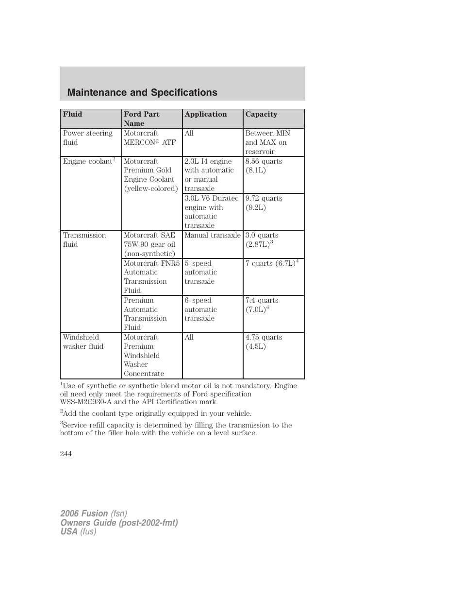 Maintenance and specifications | FORD 2006 Fusion v.1 User Manual | Page 244 / 264