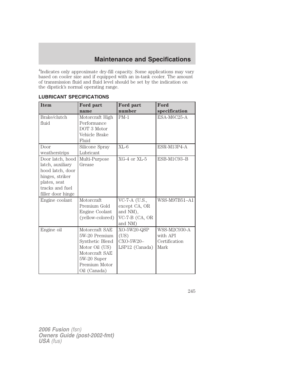 Lubricant specifications, Maintenance and specifications | FORD 2006 Fusion v.1 User Manual | Page 245 / 264