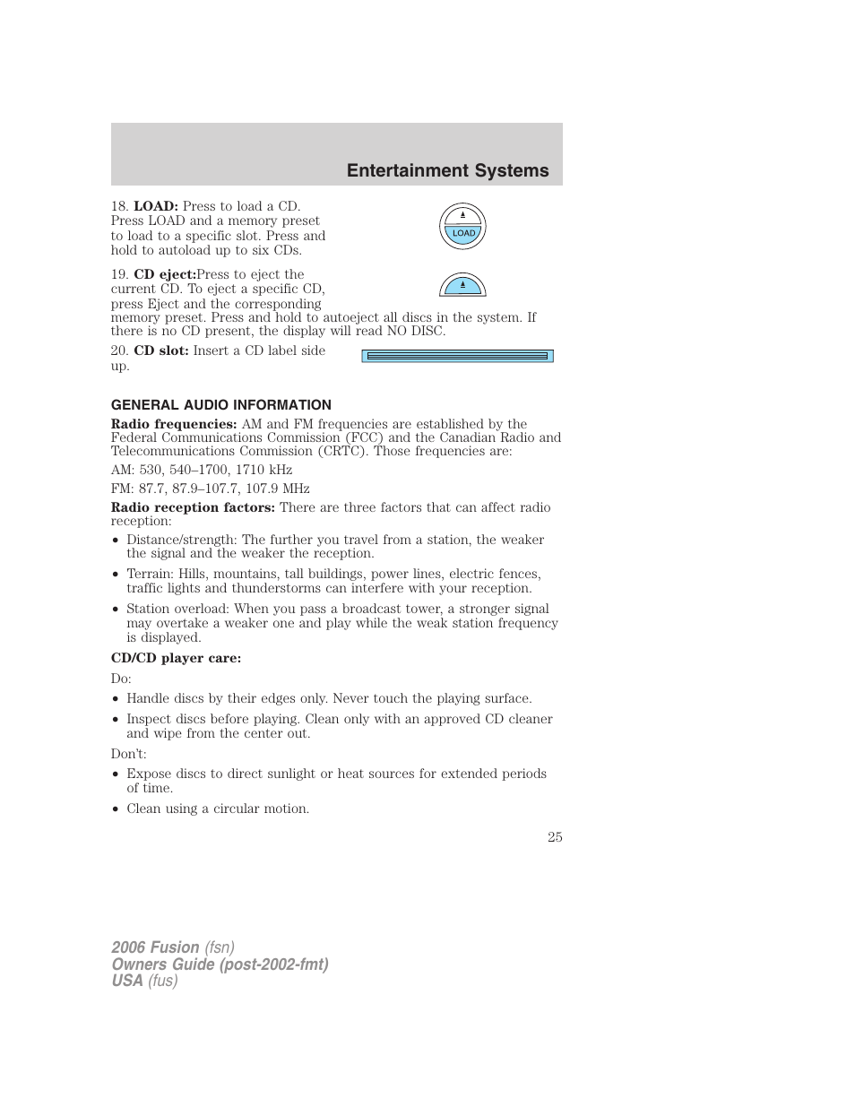General audio information, Entertainment systems | FORD 2006 Fusion v.1 User Manual | Page 25 / 264