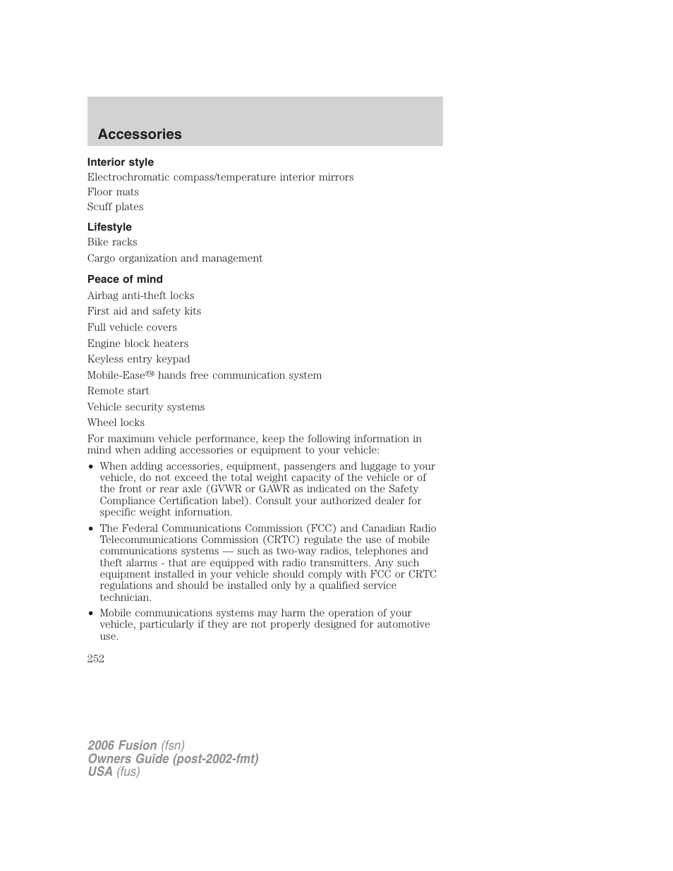 Interior style, Lifestyle, Peace of mind | Accessories | FORD 2006 Fusion v.1 User Manual | Page 252 / 264