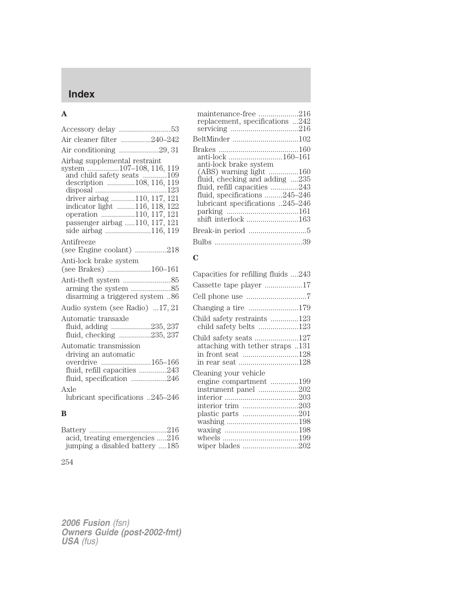 Index | FORD 2006 Fusion v.1 User Manual | Page 254 / 264