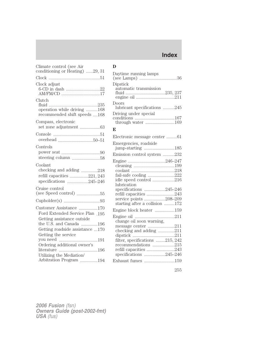 Index | FORD 2006 Fusion v.1 User Manual | Page 255 / 264