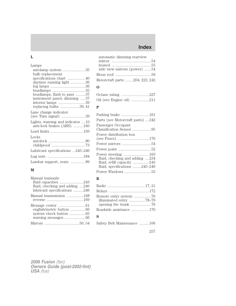 Index | FORD 2006 Fusion v.1 User Manual | Page 257 / 264